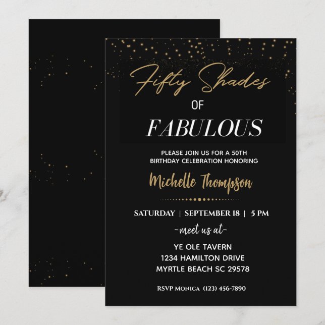 Invitación Negro y Oro Cincuenta sombras de fabuloso cumpleañ (Anverso / Reverso)