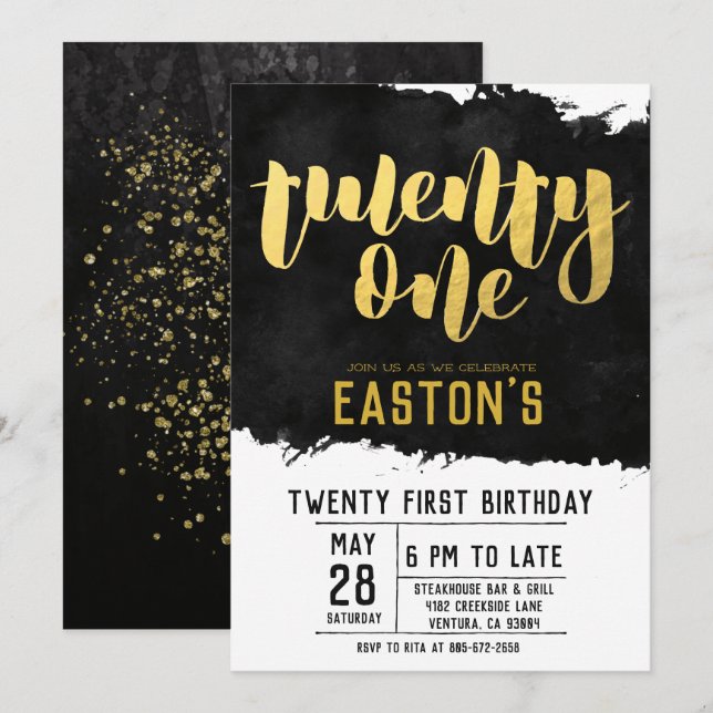 Invitación Negro y oro clásicos | 21.ª Fiesta de cumpleaños (Anverso / Reverso)
