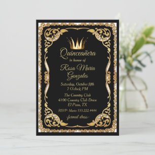 Invitación Negro y oro con quinceañera de la corona
