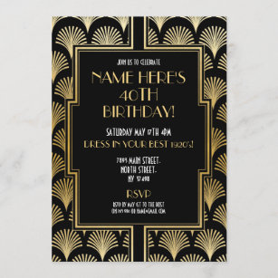 Invitación negro y oro del fiesta de Gatsby del cumpleaños