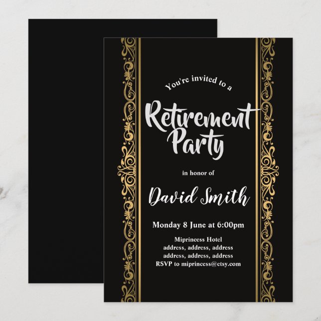 Invitación negro y oro, elegante fiesta jubilatorio (Anverso / Reverso)