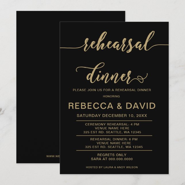 Invitación negro y oro Elegante guión ensayo cena (Anverso / Reverso)