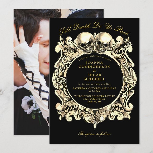 Invitación Negro Y Oro Hasta La Muerte Boda De Foto Gótica (Anverso / Reverso)