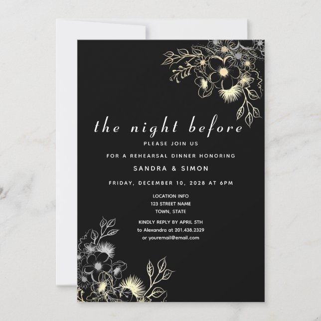 Invitación Negro y oro La noche antes de la cena del ensayo (Anverso)