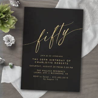 Invitación Negro y oro | Modern Sleek Glam 50 cumpleaños