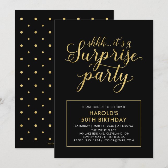 Invitación Negro y oro | Modern Surprise 50th Birthday Party (Anverso / Reverso)