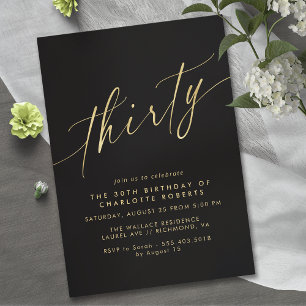 Invitación Negro y oro modernos   Luxe Script 30 cumpleaños