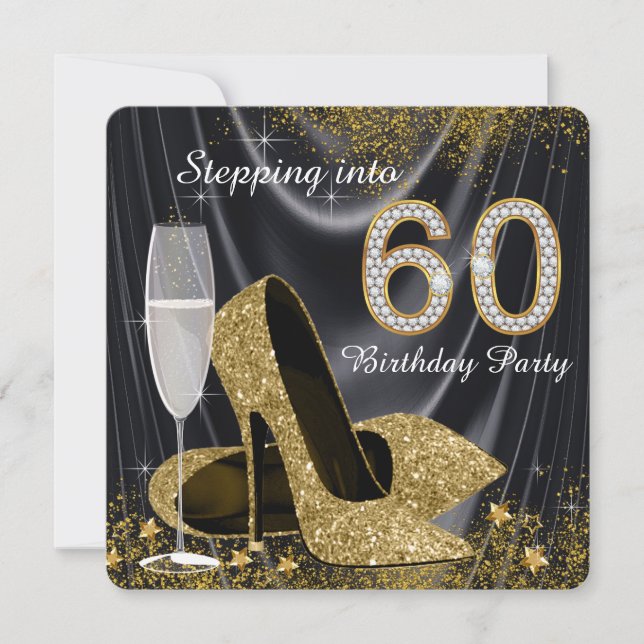 Invitación Negro y oro que caminan en fiesta de cumpleaños 60 (Anverso)
