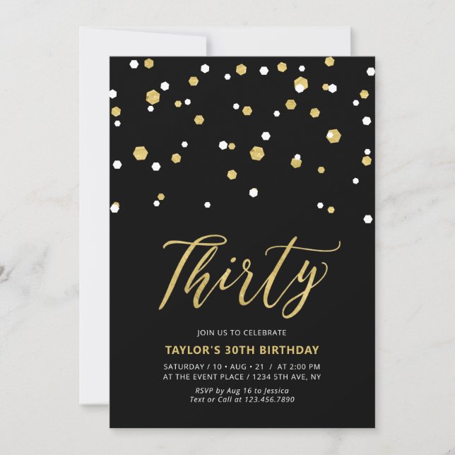 Invitación Negro y oro Sencillo Treinta y Treinta Fiesta de c (Anverso)