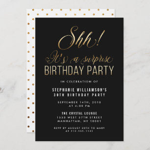 Invitación ¡Negro y oro Shh! Es una fiesta de cumpleaños de