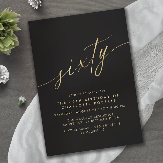 Invitación Negro y oro | Simple Glam Luxe 60 cumpleaños (Subido por el creador)