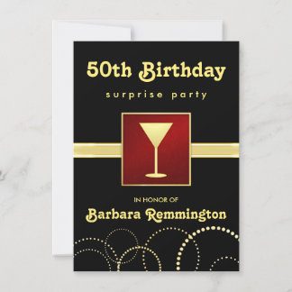 Invitación Negro y oro - Sorpresa 50 cumpleaños invitada a fi