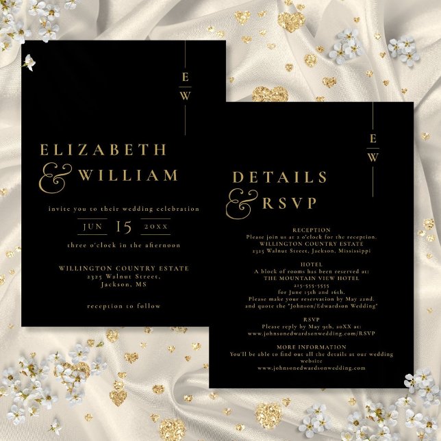 Invitación Negro Y Oro Todo En Un Monograma Moderno Boda (Black And Gold All In One Modern Monogram Wedding Invitation)