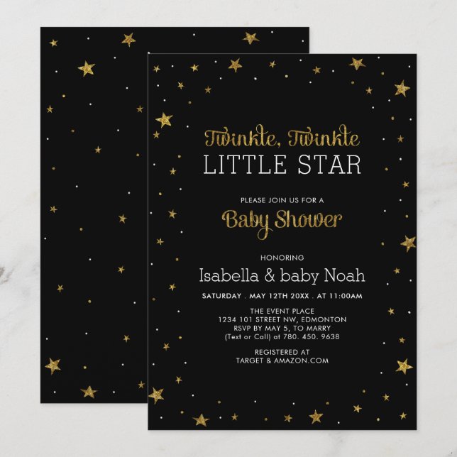 Invitación Negro y oro | Twinkle Little Star Baby Shower (Anverso / Reverso)