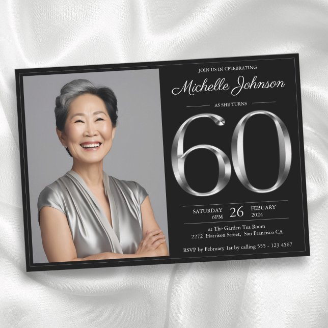 Invitación Negro y Plata 60 años (Black and Silver 60th Birthday Invitation)
