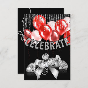 Invitación Negro y plata con globos rojos chica Fiesta