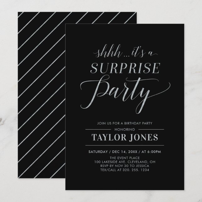 Invitación Negro y Plata | Fiesta de Cumpleaños Sorpresa Mode (Anverso / Reverso)