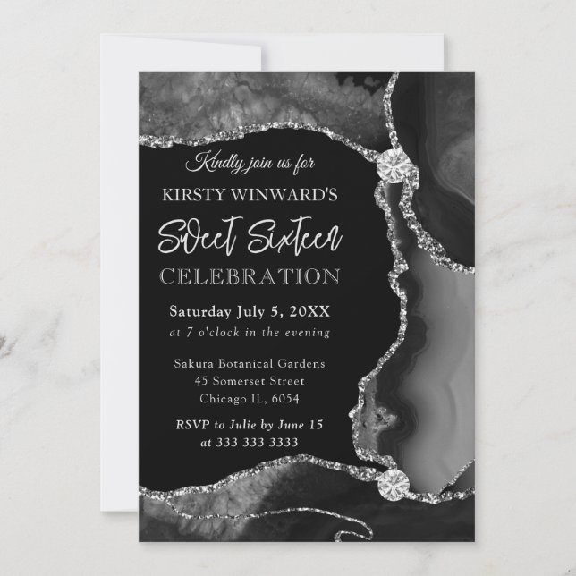 Invitación Negro y Plateado Falso Brillo Ágata Dulces 16 (Anverso)