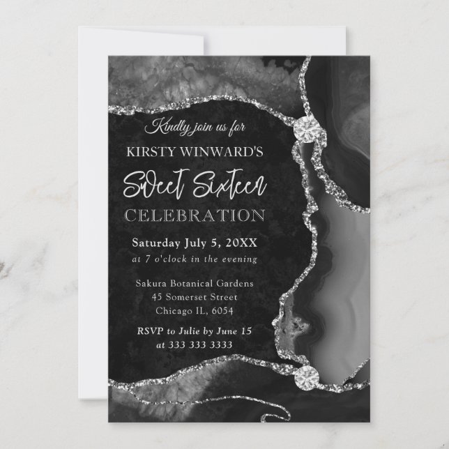 Invitación Negro y Plateado Falso Brillo Ágata Dulces 16 (Anverso)