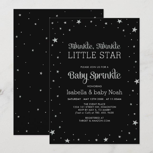 Invitación Negro y plateado | Twinkle Little Star Baby Shower (Anverso / Reverso)