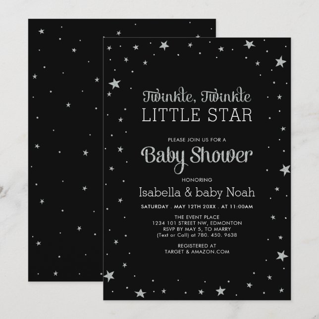 Invitación Negro y plateado | Twinkle Little Star Baby Shower (Anverso / Reverso)