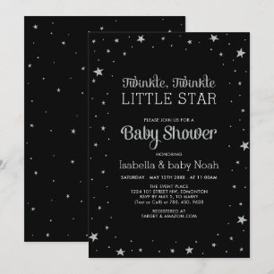 Invitación Negro y plateado   Twinkle Little Star Baby Shower