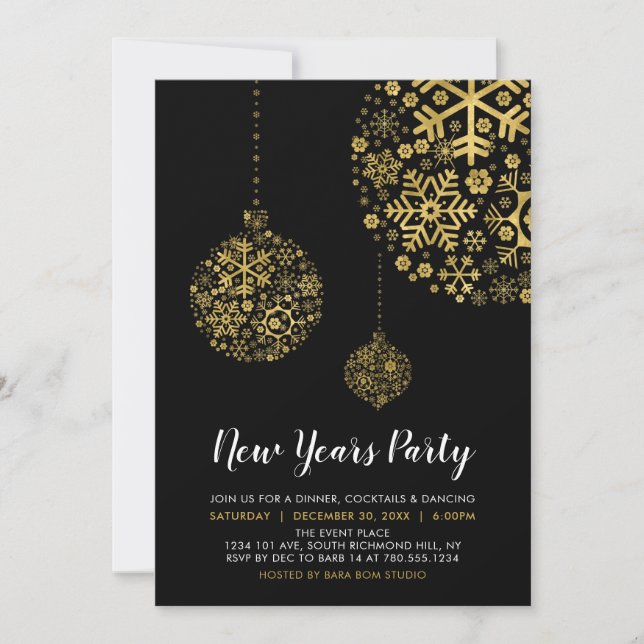 Invitación Negro y Relieve metalizado dorado Fiesta de Nochev (Anverso)