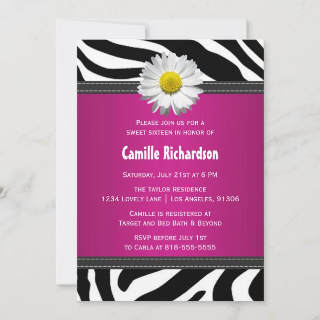Invitación Negro y rosa caliente, dulce cebra dieciséis invit (Anverso)