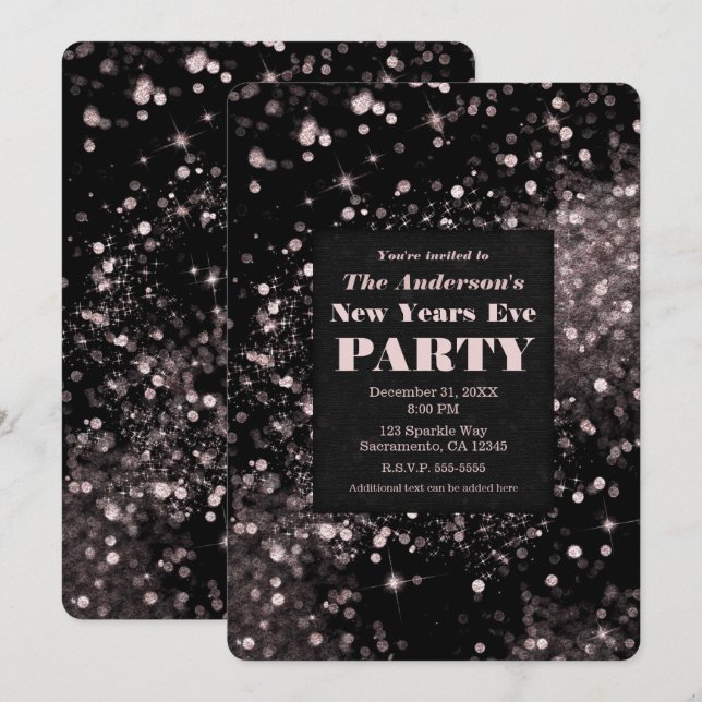 Invitación Negro y rosa iluminan a Fiesta de la víspera de Añ (Anverso / Reverso)