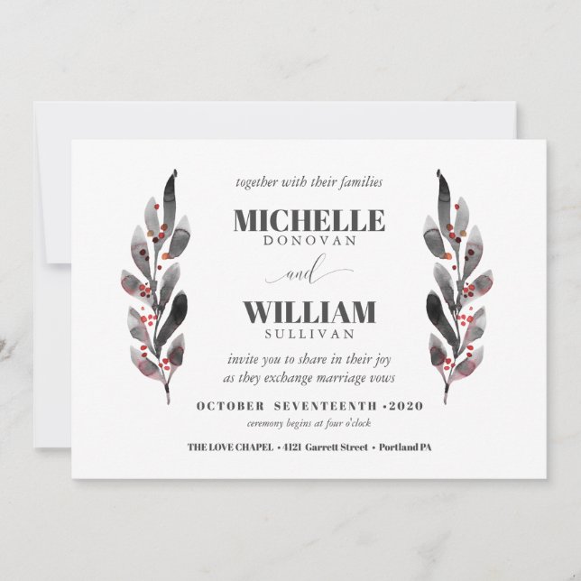 Invitación Negro y Rubor | boda de ramas modernas (Anverso)