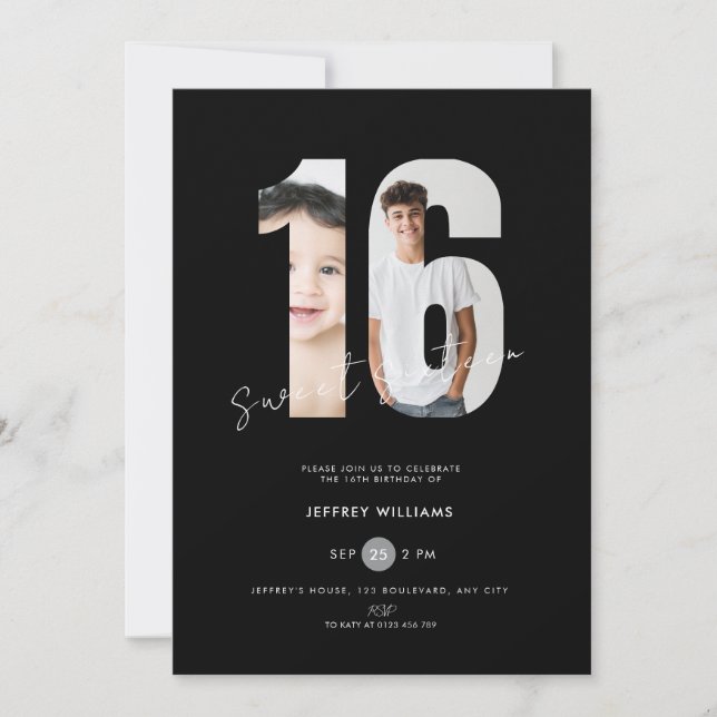 Invitación Negros Dulces Dieciséis Chicos - Foto 16 Cumpleaño (Anverso)