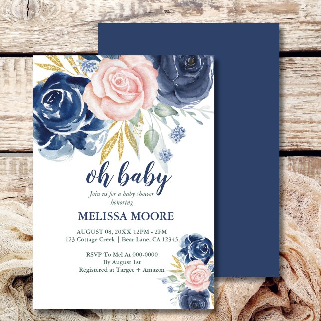 Invitación Nena chica azul marino floral y rosa ducha bebé (Subido por el creador)