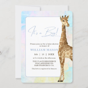 Invitación Nena Giraffe Baby Shower Azul soy un niño