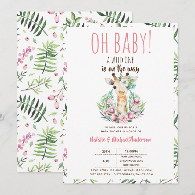 Invitación Nena Giraffe Una Flora Animal Salvaje Un Safari (Anverso / Reverso)