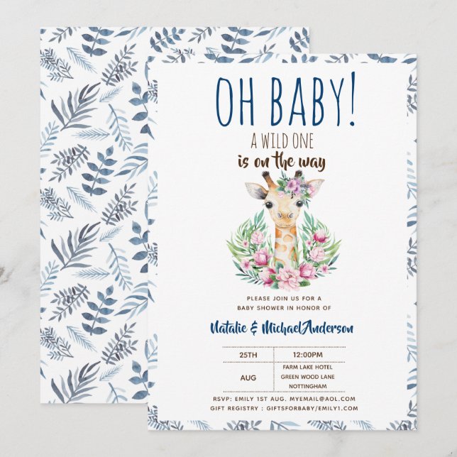 Invitación Nena Giraffe Una Flora Animal Salvaje Un Safari (Anverso / Reverso)