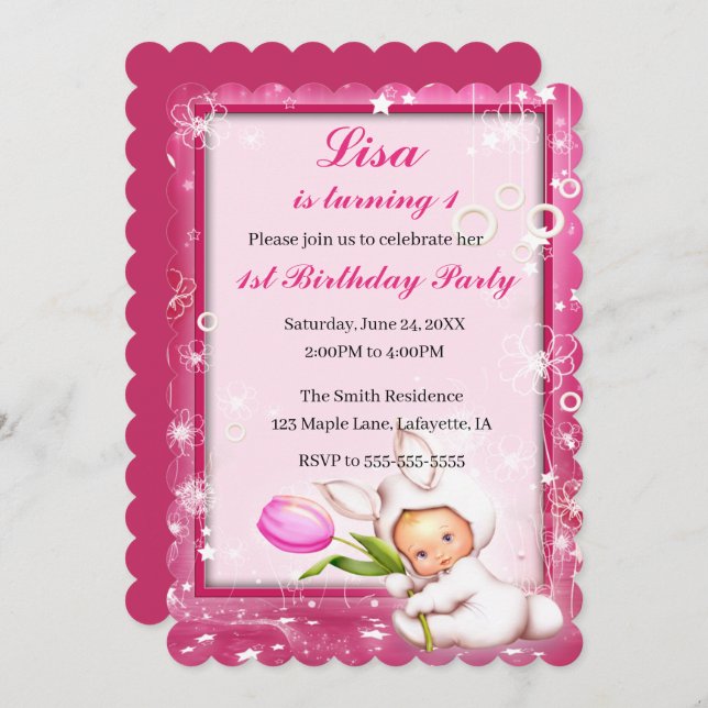 Invitación Nene. 1° cumpleaños del bebé floral Girly Pink Bun (Anverso / Reverso)