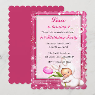 Invitación Nene. 1° cumpleaños del bebé floral Girly Pink Bun