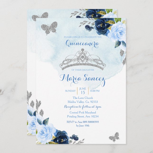 Invitación Nene Blue y Mariposa de la Marina Charra 15th Anos (Anverso / Reverso)