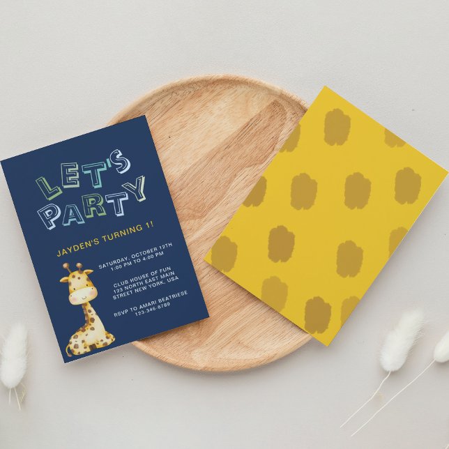 Invitación Nene Cute Giraffe Navy Azul primer cumpleaños (Subido por el creador)