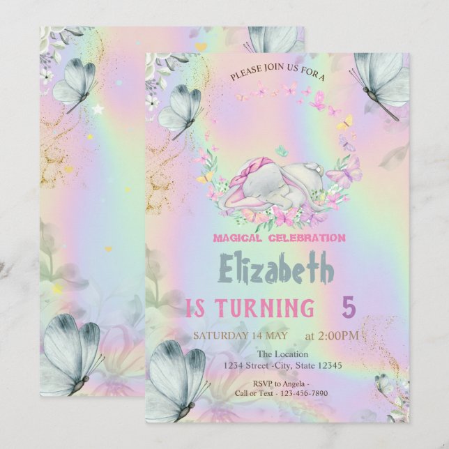 Invitación Nene Elephant Blue Butterflies Holographic (Anverso / Reverso)