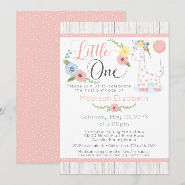 Invitación Nene Giraffe Primer cumpleaños Floral y madera rús (Anverso / Reverso)