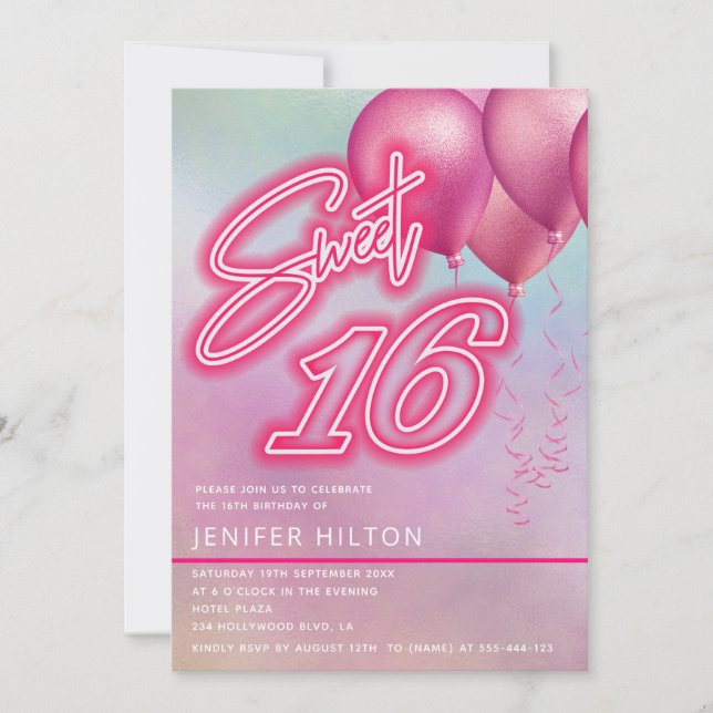Invitación Neo dulce holográfico de globo rosa Guay 16 (Anverso)