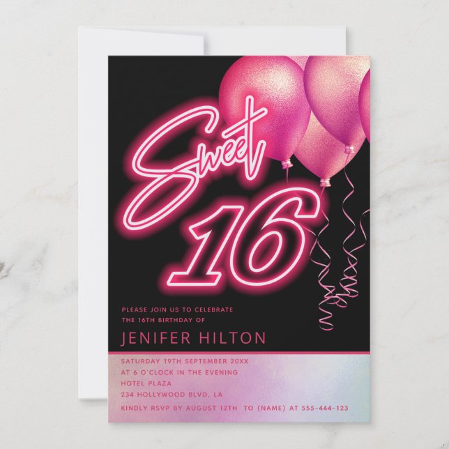 Invitación Neo dulce holográfico de globo rosa Guay 16 (Anverso)