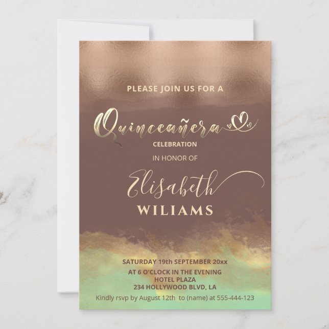 Invitación Neo menta canela rosa oro Relieve metalizado acuar (Anverso)
