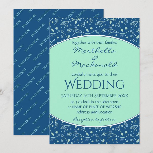 Invitación NEO MINT CLÁSICO AZUL Elegante Floral Moderna (Anverso / Reverso)