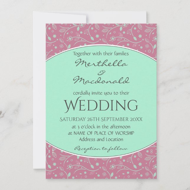 Invitación NEO MINT DUSKY PINK Elegante BODA floral moderno (Anverso)