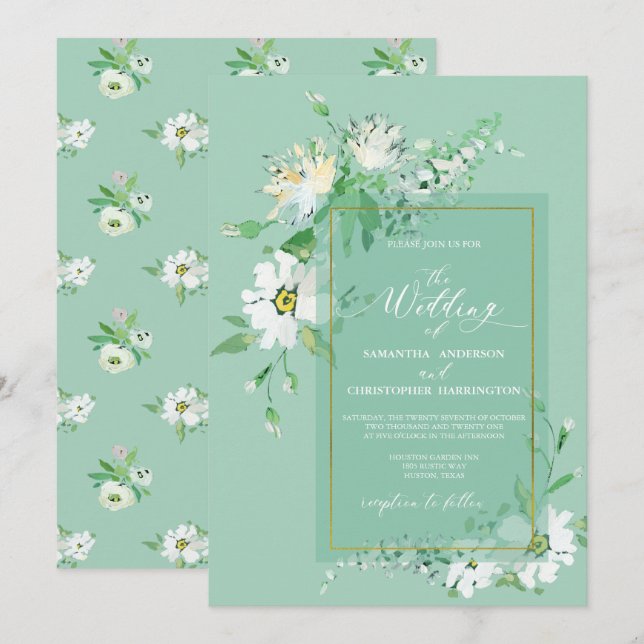 Invitación Neo Mint Green Gold Rústico Pintado Boda floral (Anverso / Reverso)