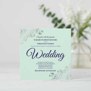 Invitación Neo Mint Green & Navy Blue Elegant Boda cuadrado
