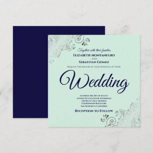 Invitación Neo Mint Green & Navy Blue Elegant Boda cuadrado