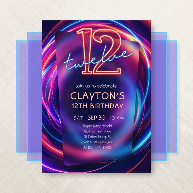 Invitación Neon 12th Birthday Invitation (Subido por el creador)
